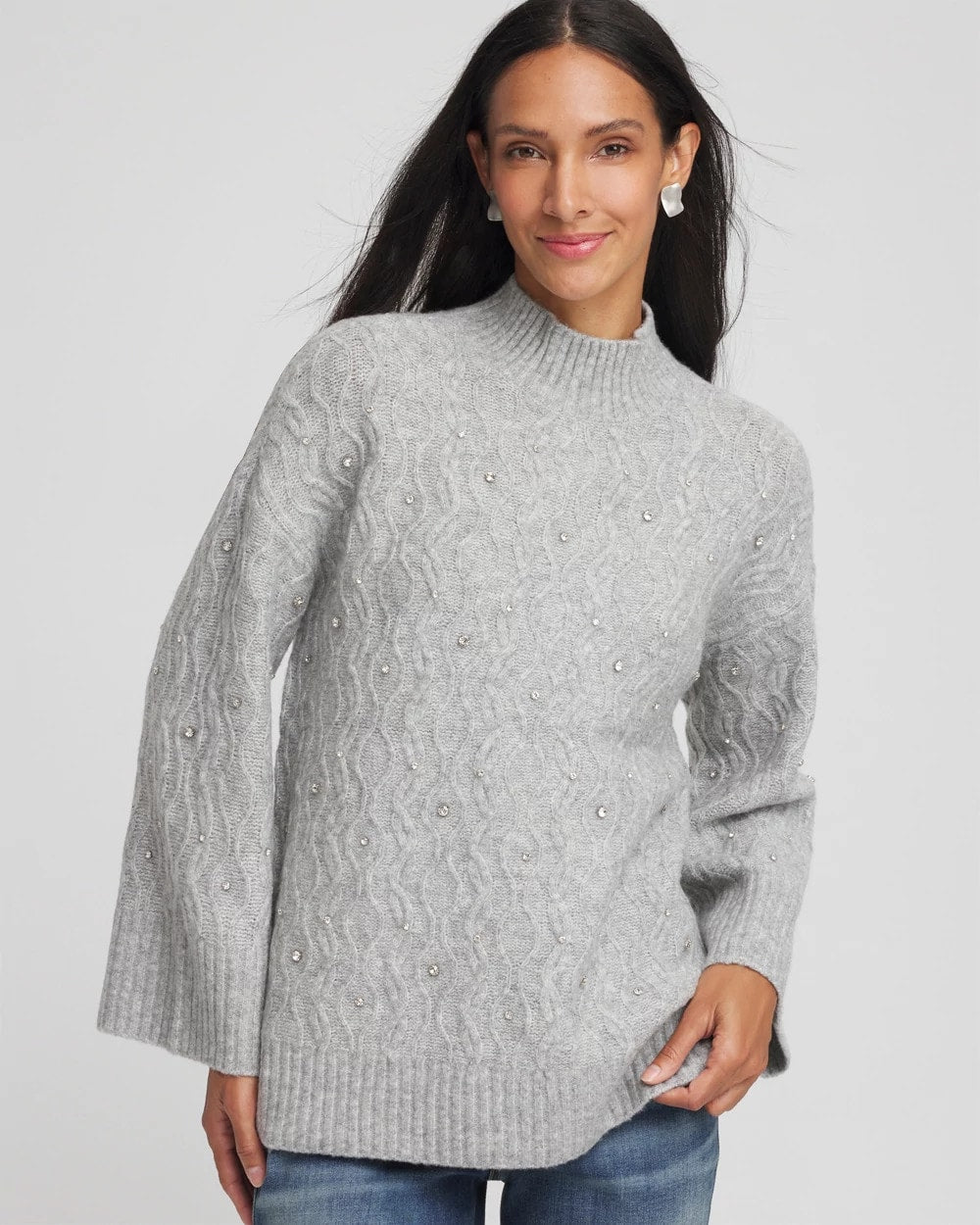 Chico's Sale Cloud Heather Gray Sequined Cable Knit Sweater