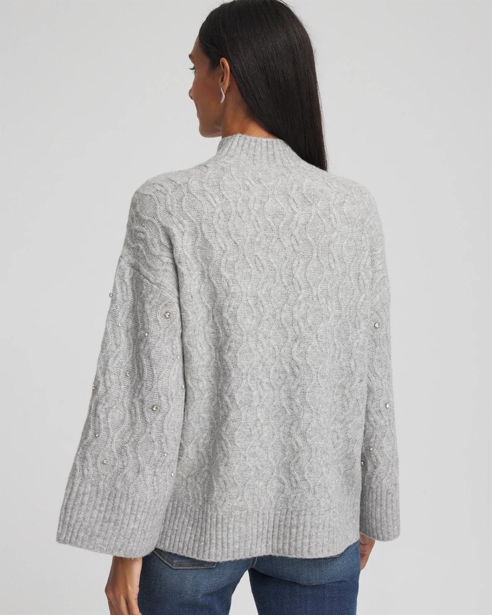 Chico's Sale Cloud Heather Gray Sequined Cable Knit Sweater