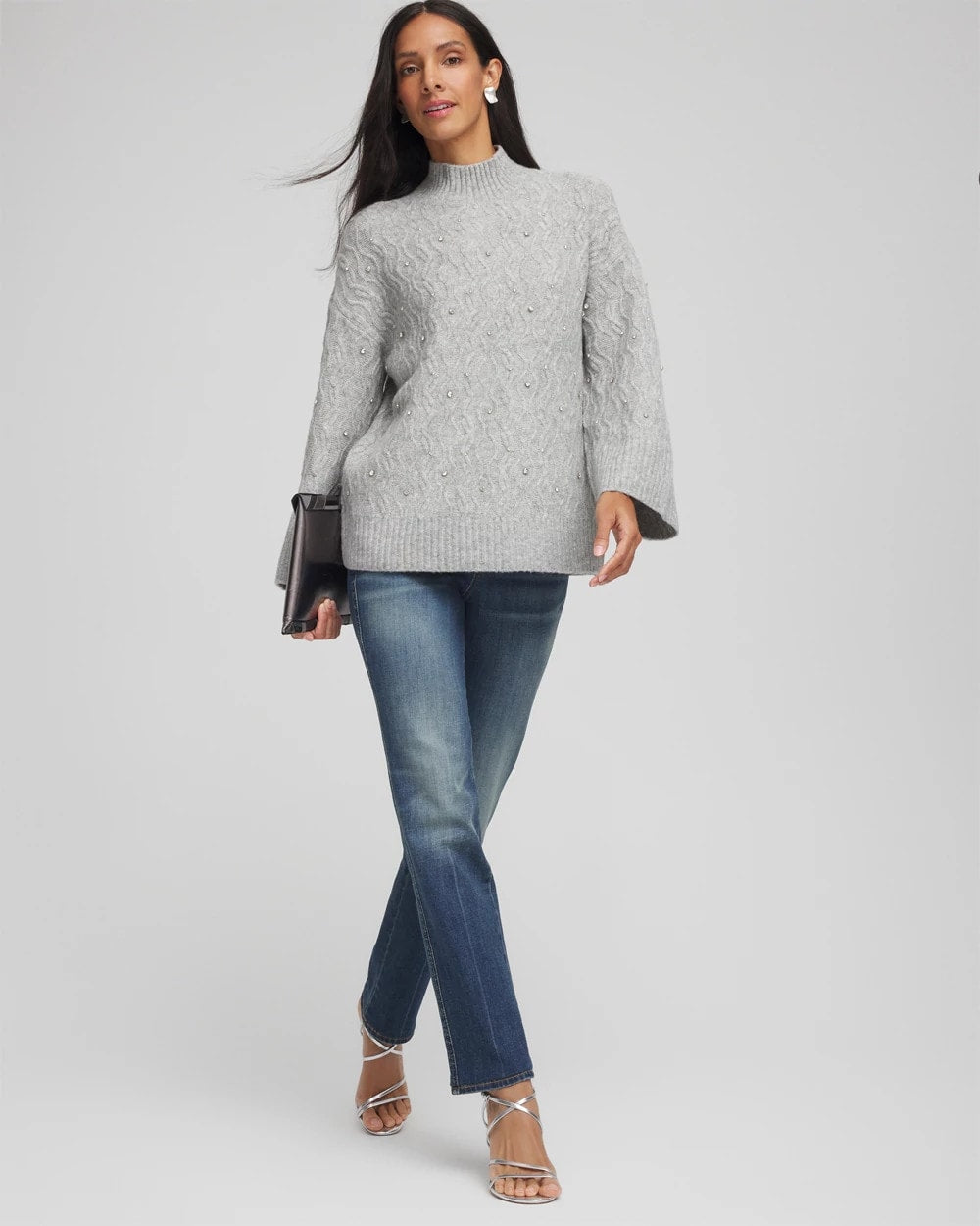 Chico's Sale Cloud Heather Gray Sequined Cable Knit Sweater