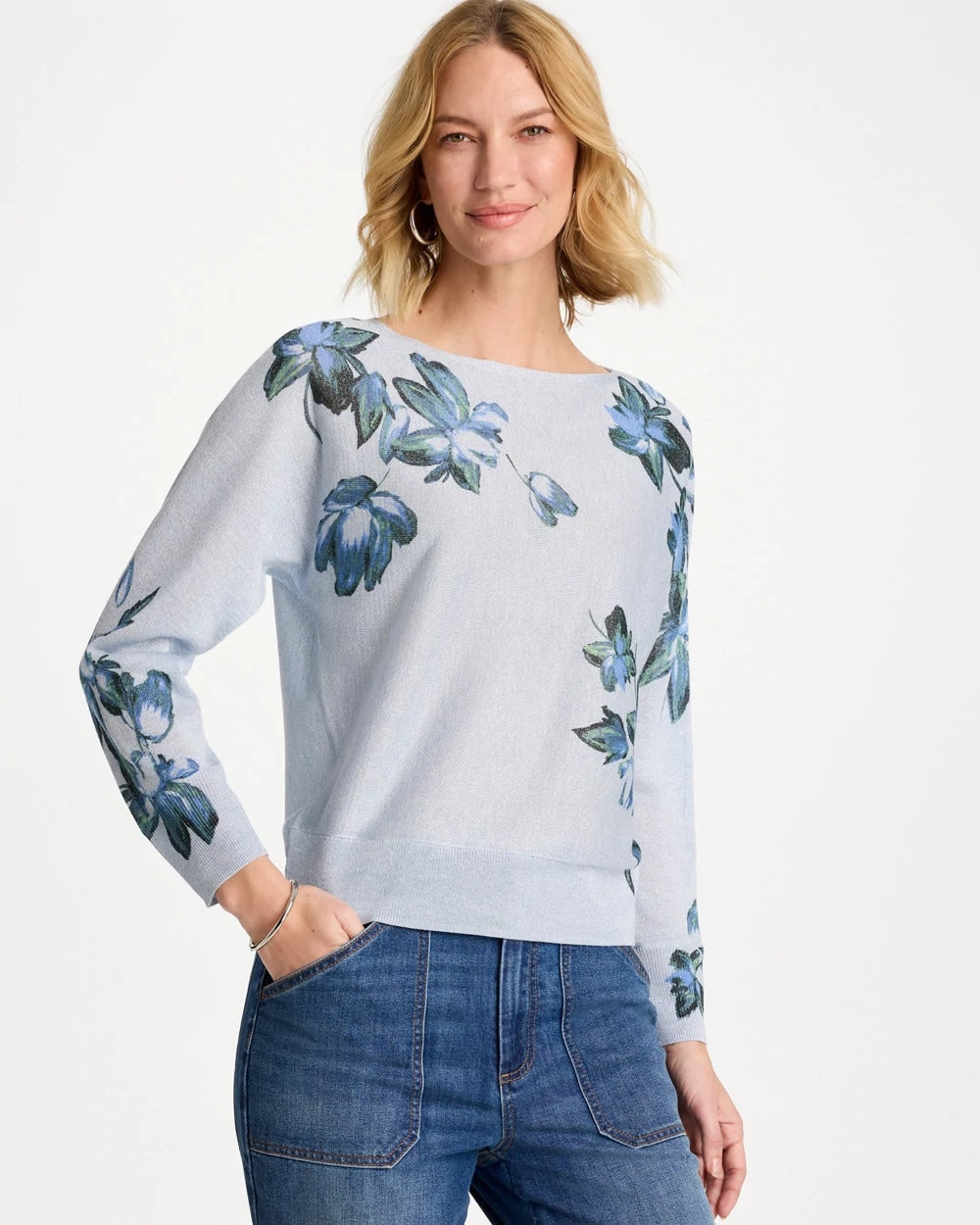 Chico's Sale Blue Orchid Floral Print Pullover Sweater