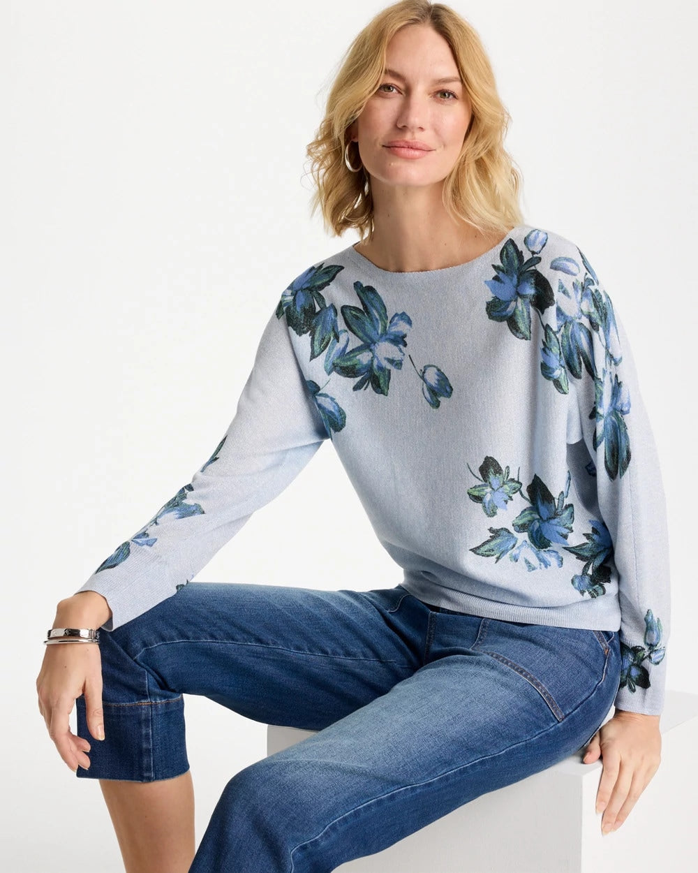 Chico's Sale Blue Orchid Floral Print Pullover Sweater