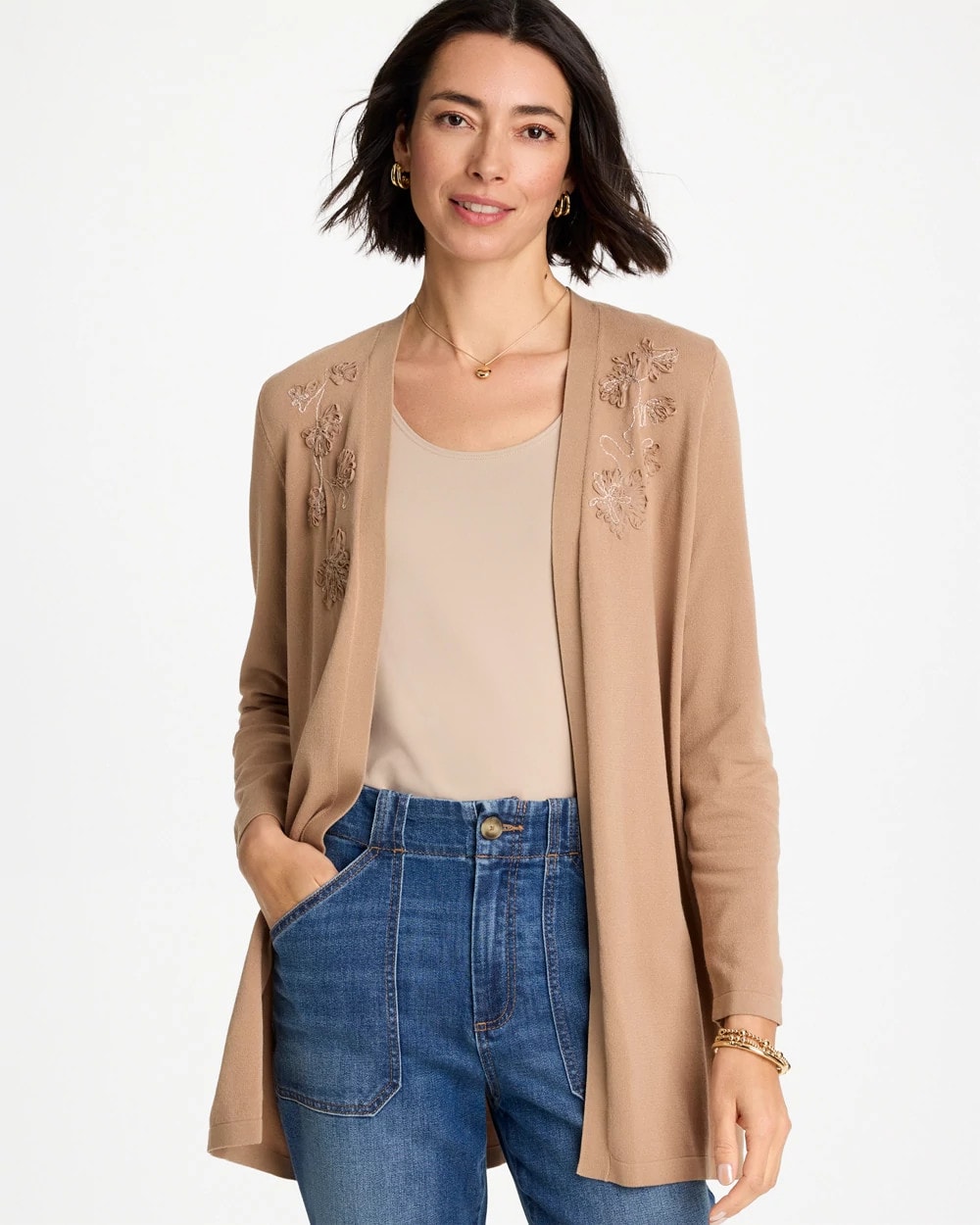 Chico's On Sale Cattail Brown Floral Embroidered Cardigan