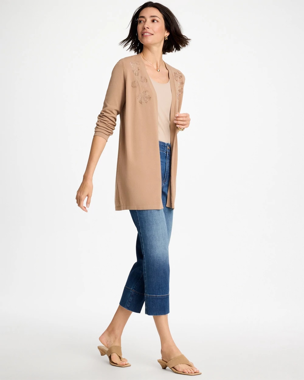 Chico's On Sale Cattail Brown Floral Embroidered Cardigan