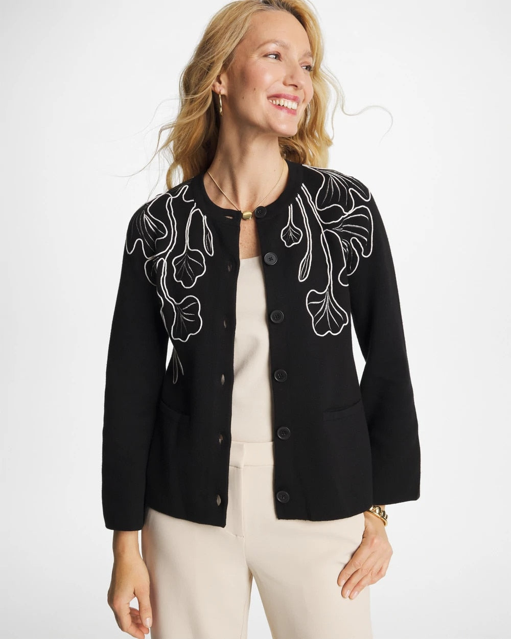 Chico's Online Black Embroidered Crewneck Cardigan Jacket
