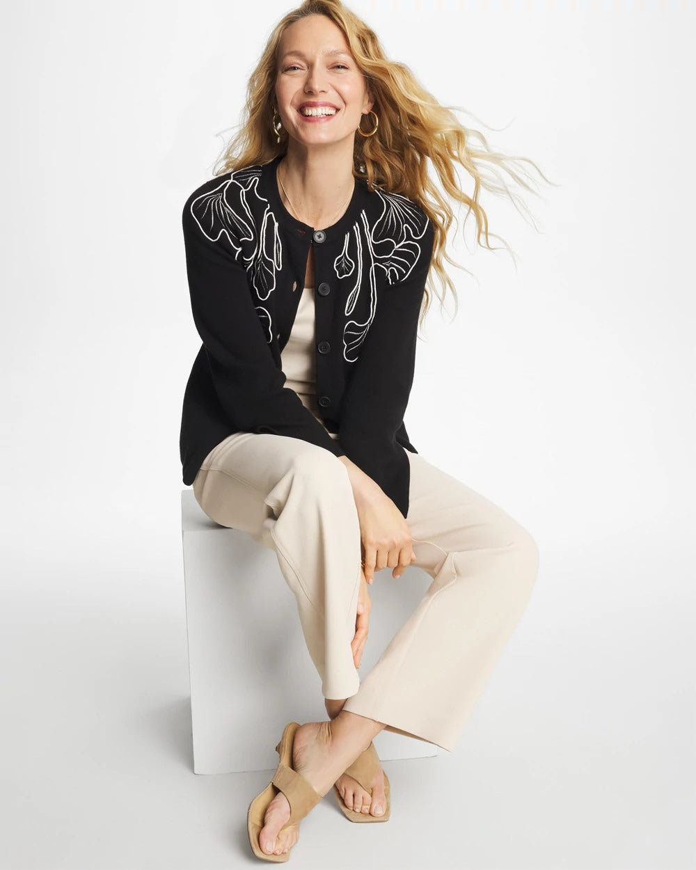 Chico's Online Black Embroidered Crewneck Cardigan Jacket