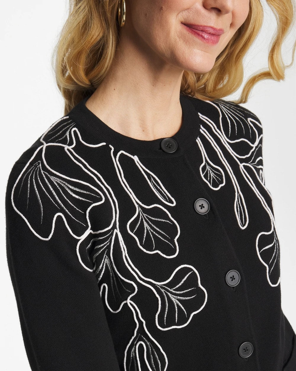Chico's Online Black Embroidered Crewneck Cardigan Jacket