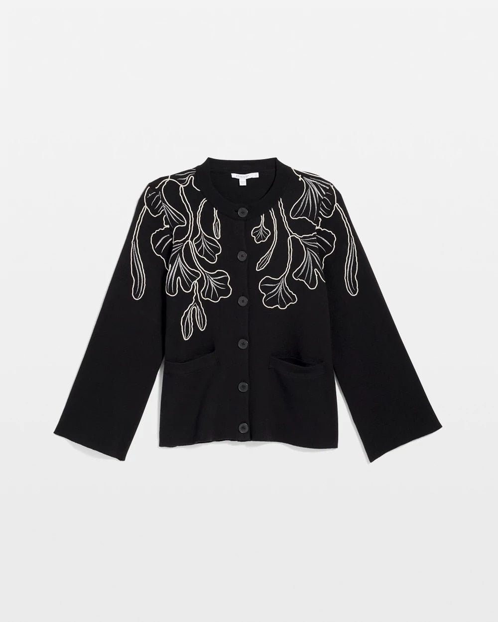 Chico's Online Black Embroidered Crewneck Cardigan Jacket