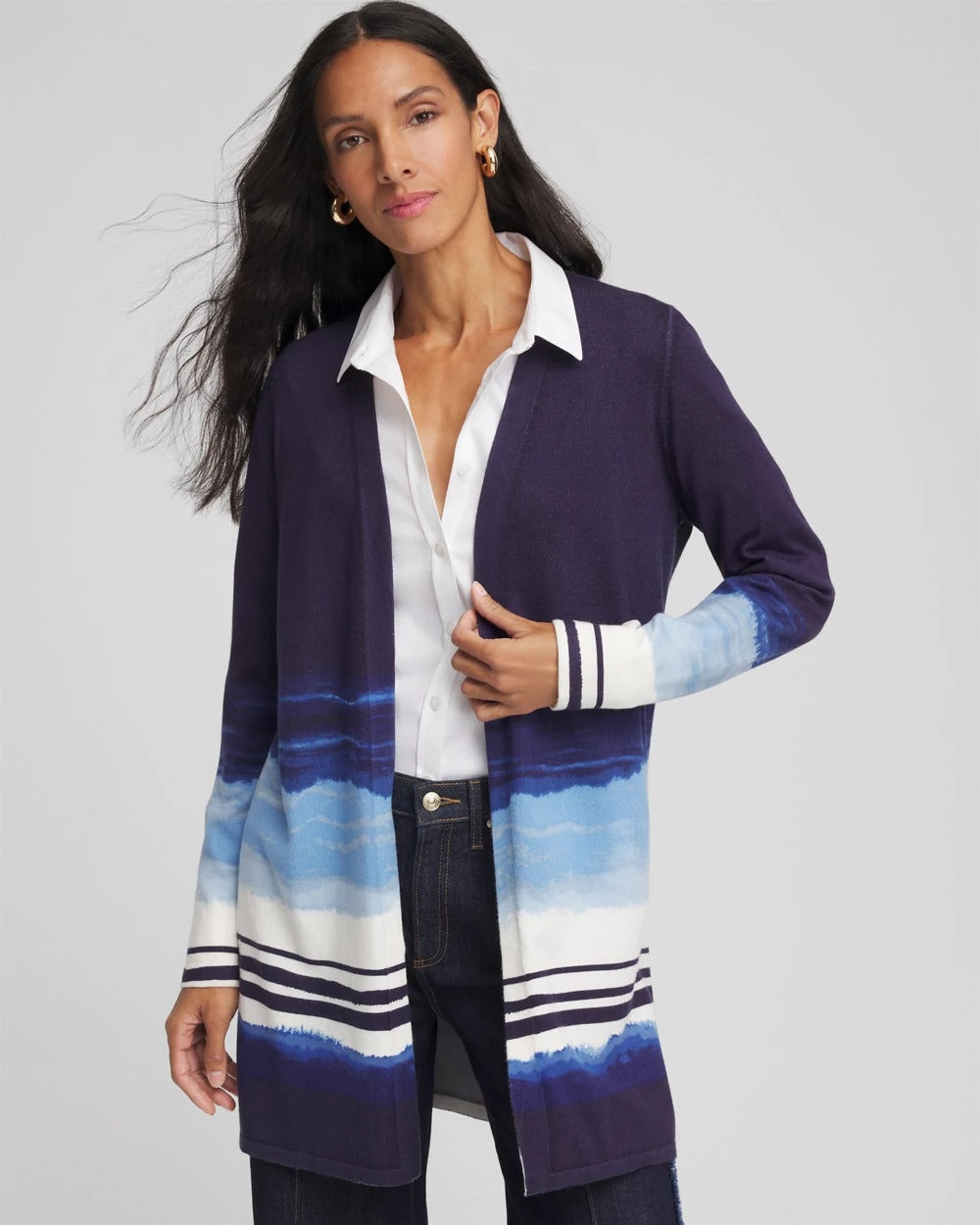 Chico's Discount Passport Blue Stripe Ombre Duster Cardigan