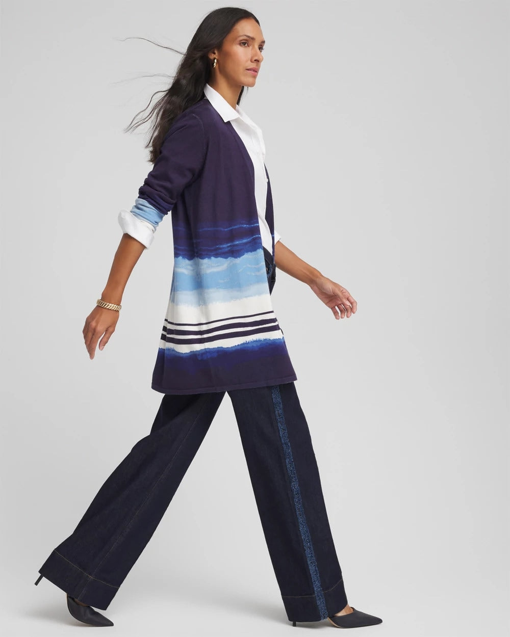 Chico's Discount Passport Blue Stripe Ombre Duster Cardigan