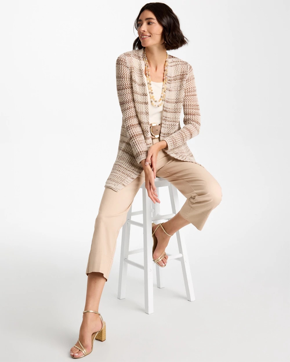 Chico's Outlet Cattail Brown Pointelle Metallic Cardigan