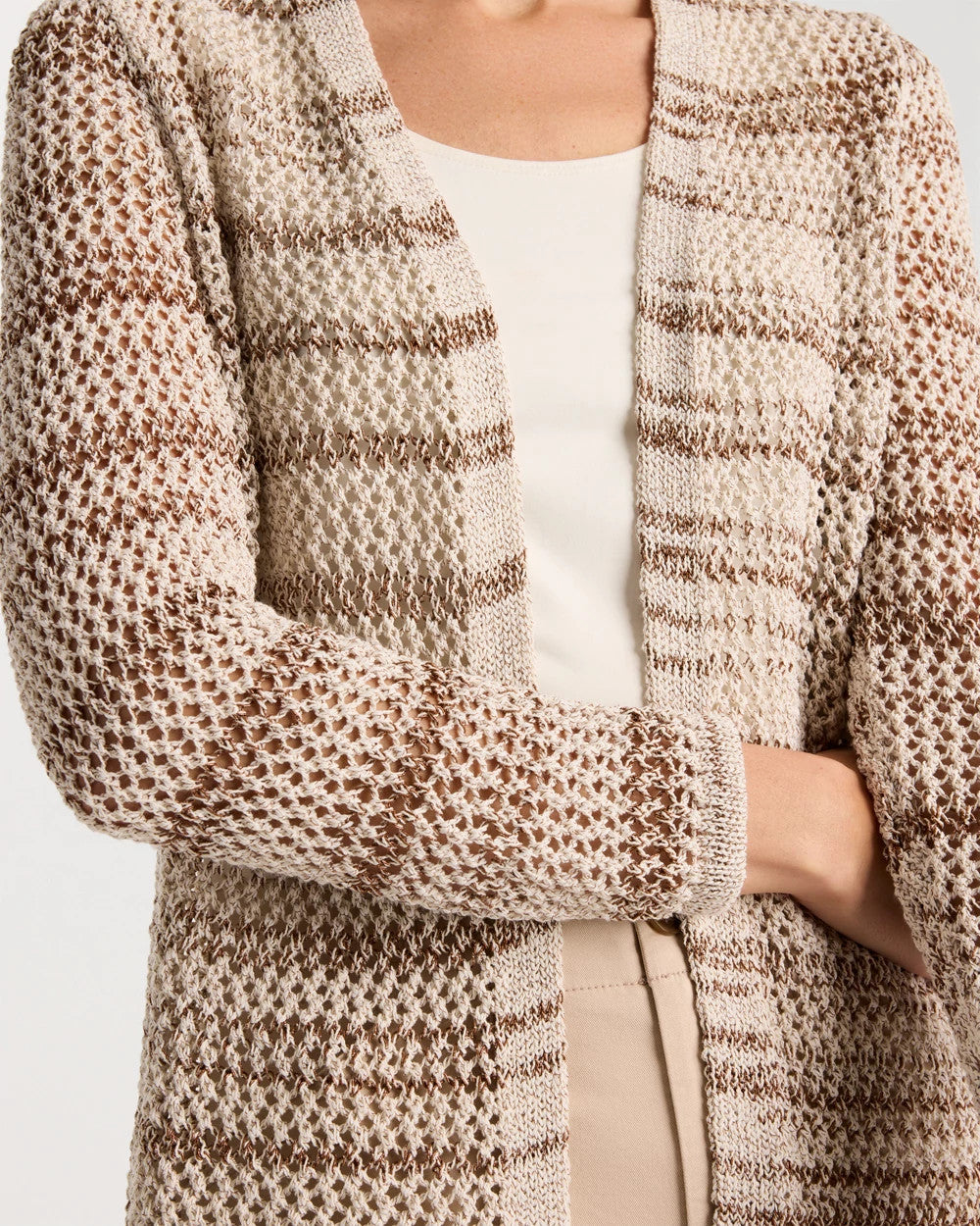 Chico's Outlet Cattail Brown Pointelle Metallic Cardigan