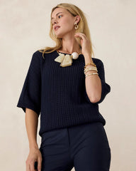 Chico's On Sale Passport Blue Pointelle Crewneck Pullover Sweater