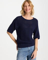 Chico's On Sale Passport Blue Pointelle Crewneck Pullover Sweater