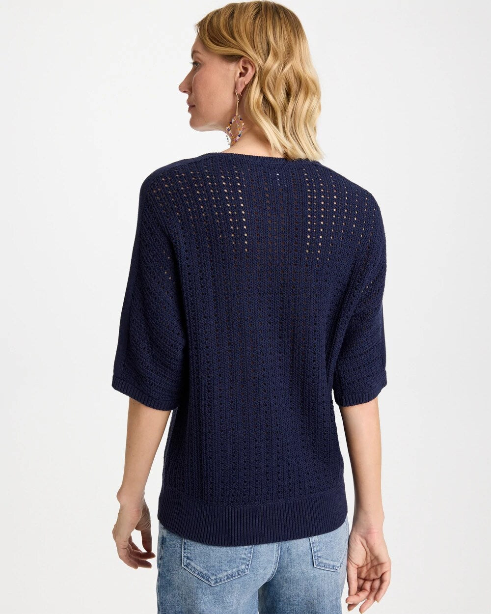 Chico's On Sale Passport Blue Pointelle Crewneck Pullover Sweater