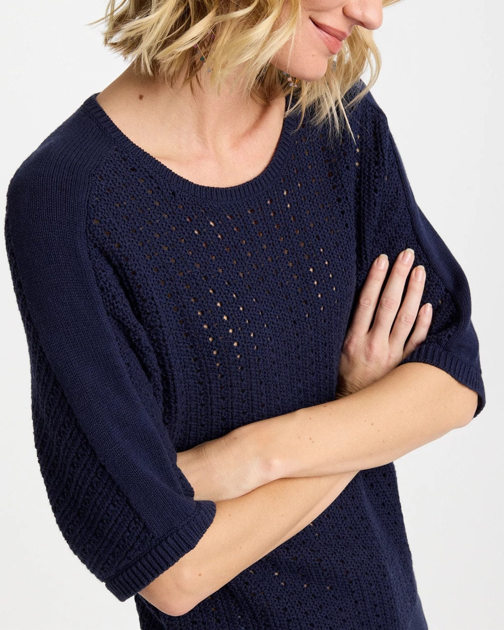 Chico's On Sale Passport Blue Pointelle Crewneck Pullover Sweater