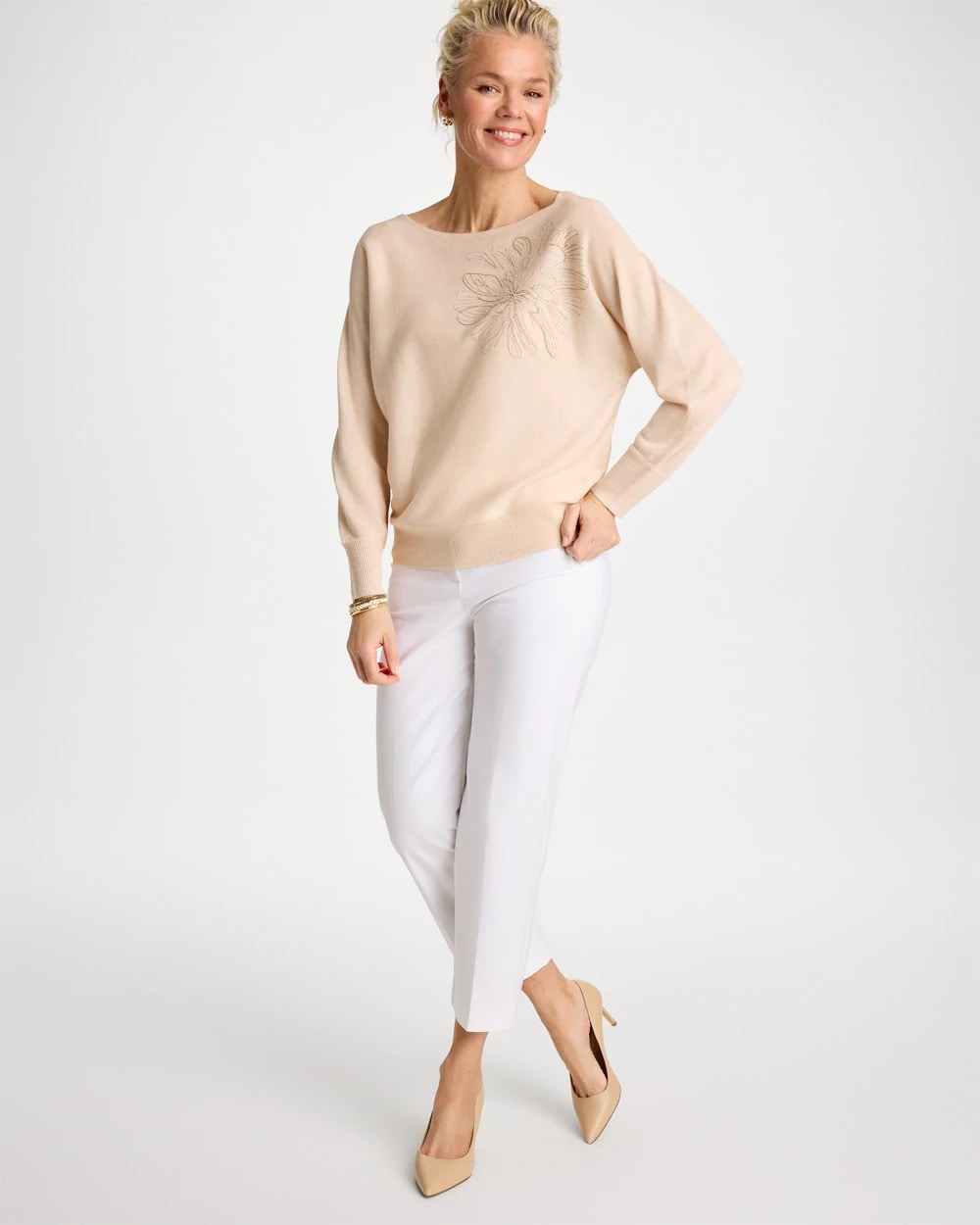 Chico's Discount Neutral Embroidered 3/4 Sleeve Sweater