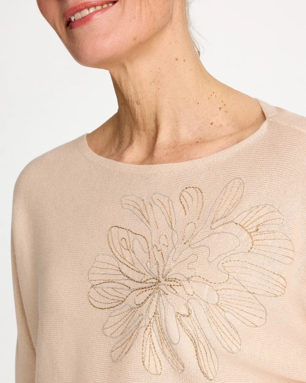 Chico's Discount Neutral Embroidered 3/4 Sleeve Sweater