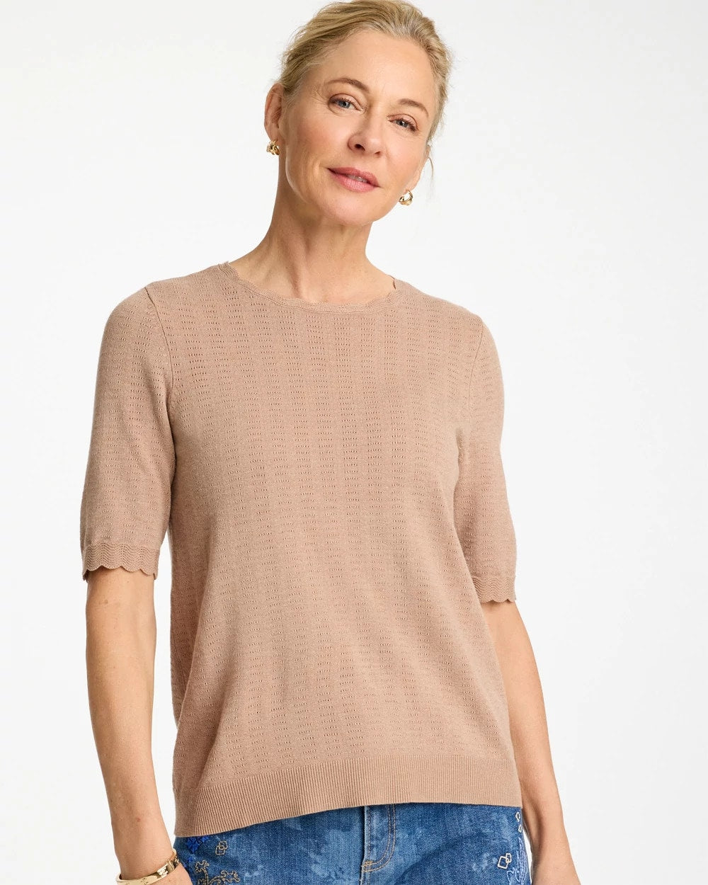Chico's Sale Cattail Brown Ella Crewneck Pointelle Pullover Sweater