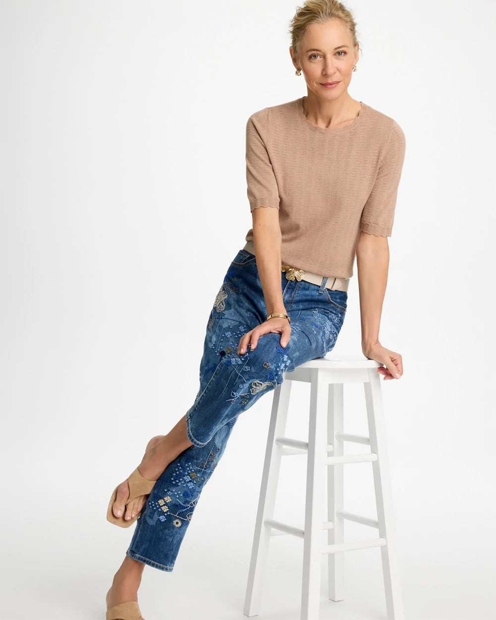 Chico's Sale Cattail Brown Ella Crewneck Pointelle Pullover Sweater