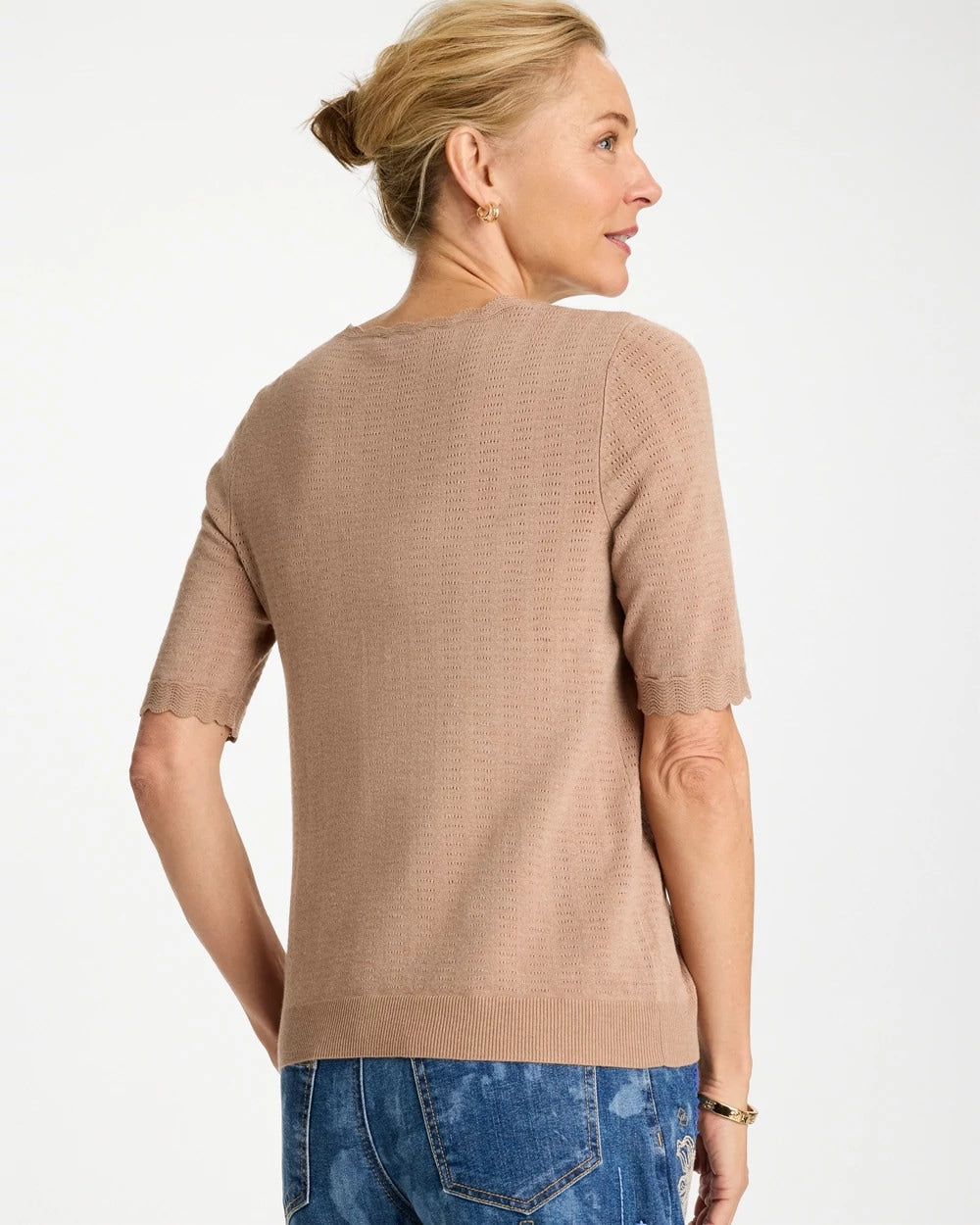 Chico's Sale Cattail Brown Ella Crewneck Pointelle Pullover Sweater