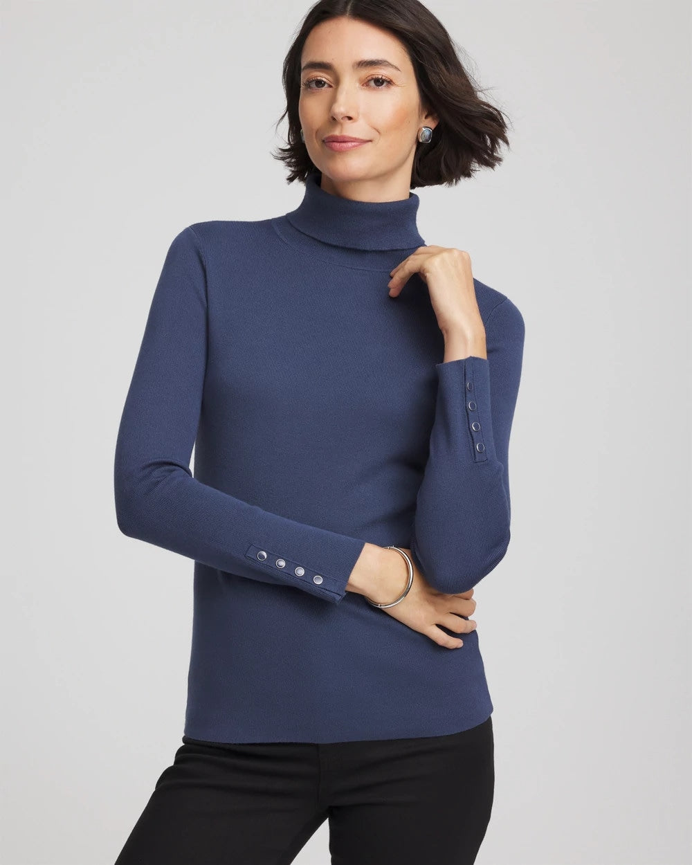 Chico's Discount Indigo Sky Ella Button Cuff Turtleneck Sweater