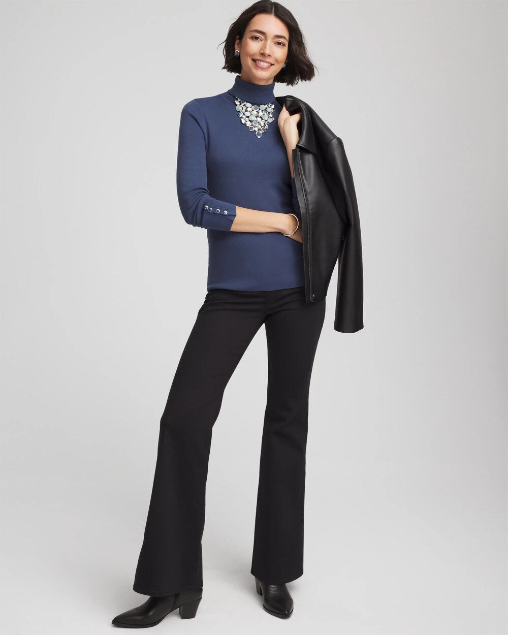 Chico's Discount Indigo Sky Ella Button Cuff Turtleneck Sweater