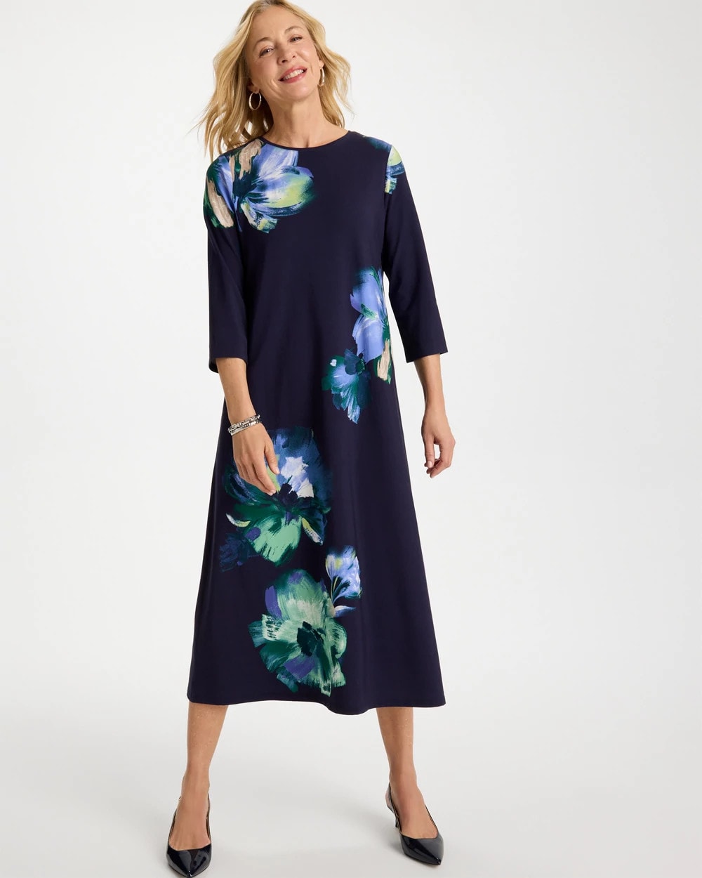 Chico's Sale Passport Blue Floral 3/4 Sleeve Maxi Dress