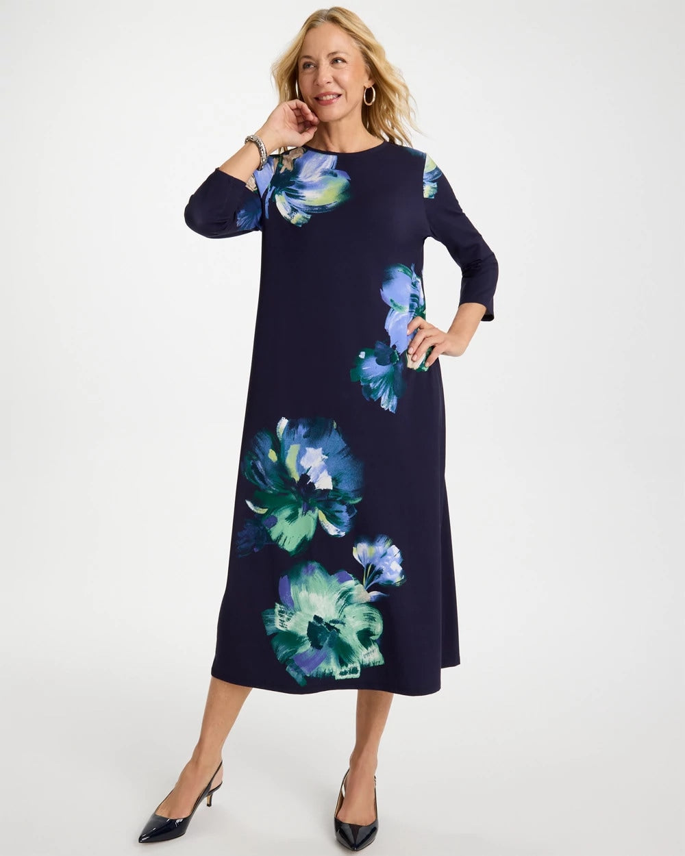 Chico's Sale Passport Blue Floral 3/4 Sleeve Maxi Dress