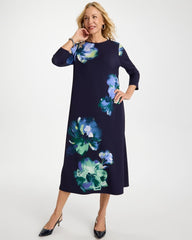 Chico's Sale Passport Blue Floral 3/4 Sleeve Maxi Dress