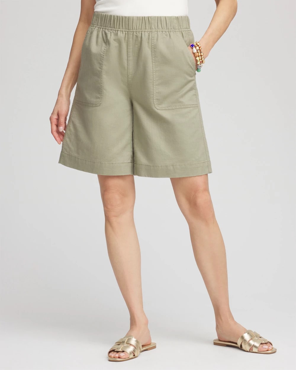 Chico's Discount Washed Sage Cotton-Linen Pull-On Utility Shorts
