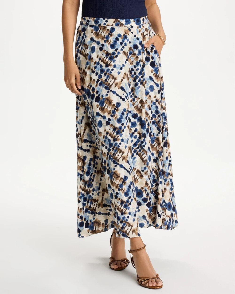 Chico's On Sale Passport Blue Faux Silk Printed Maxi Skirt