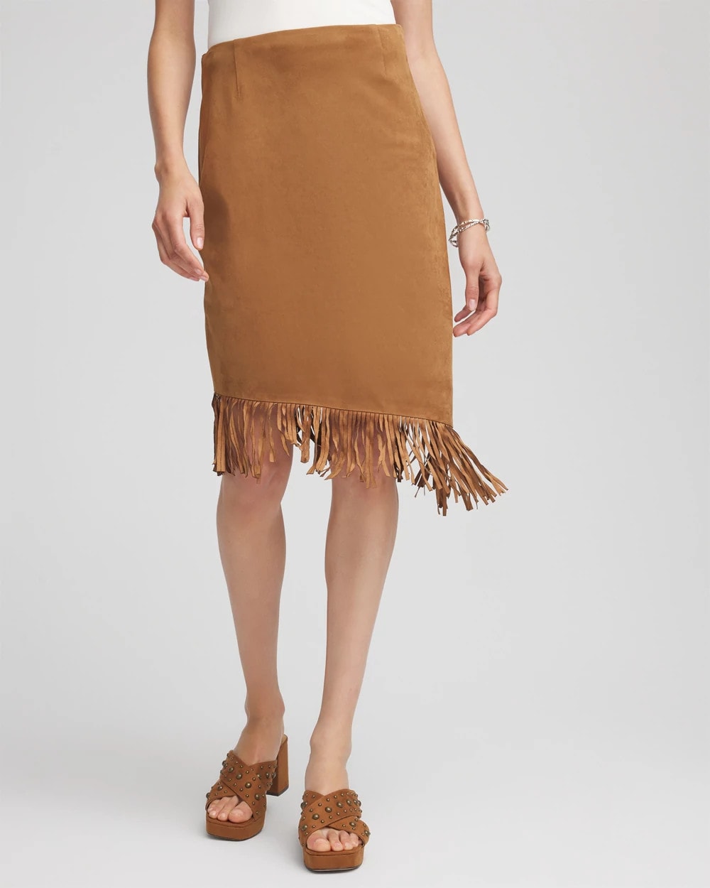 Chico's Discount Burnt Sienna Suede Fringed Asymmetrical Skirt