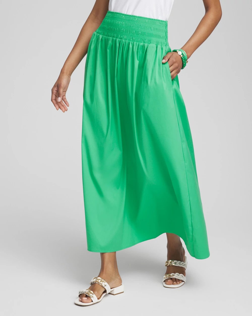 Chico's On Sale Grassy Green Poplin Smocked Waist Skirt