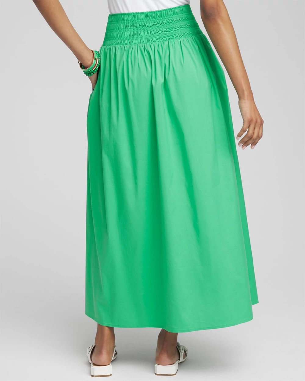 Chico's On Sale Grassy Green Poplin Smocked Waist Skirt