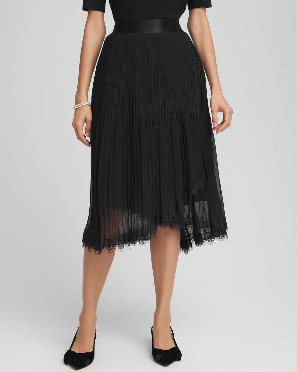 Chico's For Sale Black Pleated Lace Hem Midi Skirt