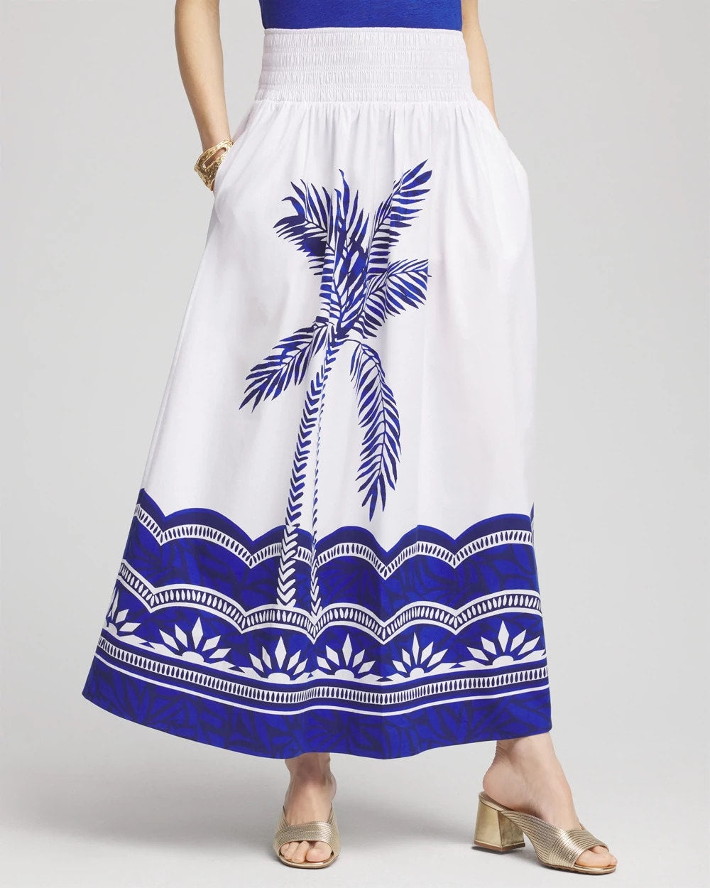 Chico's Sale Alabaster Tropical Smocked Waist Pull-On Skirt