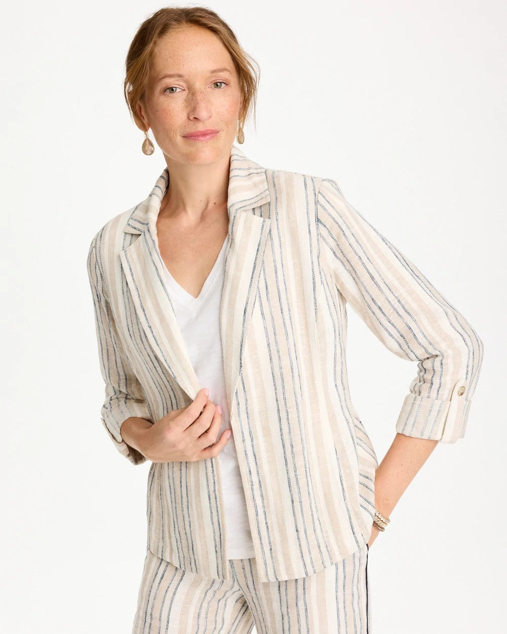 Chico's On Sale Neutral Striped Linen Roll Sleeve Blazer