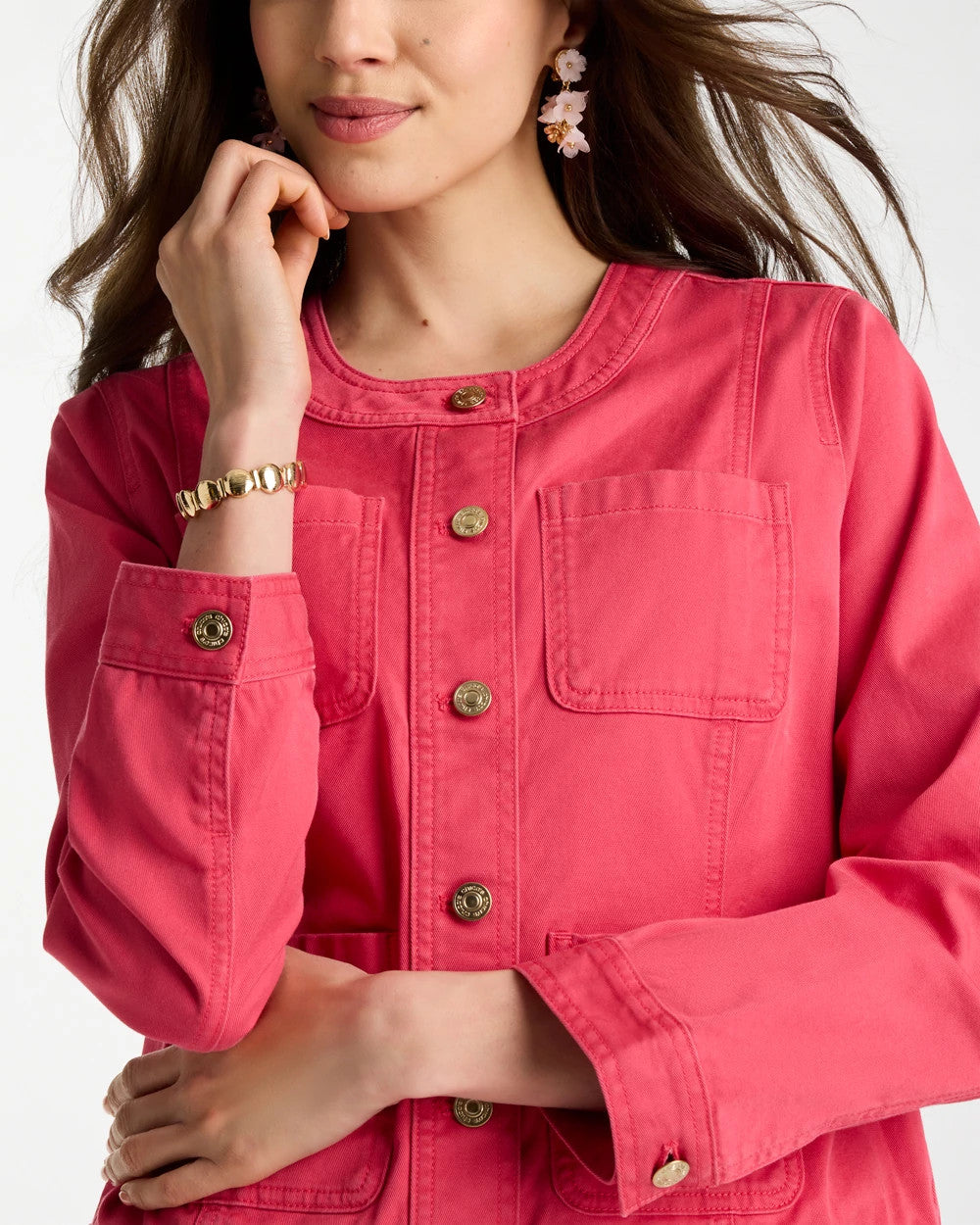 Chico's Online Hot Honeysuckle Collarless Twill Box Jacket