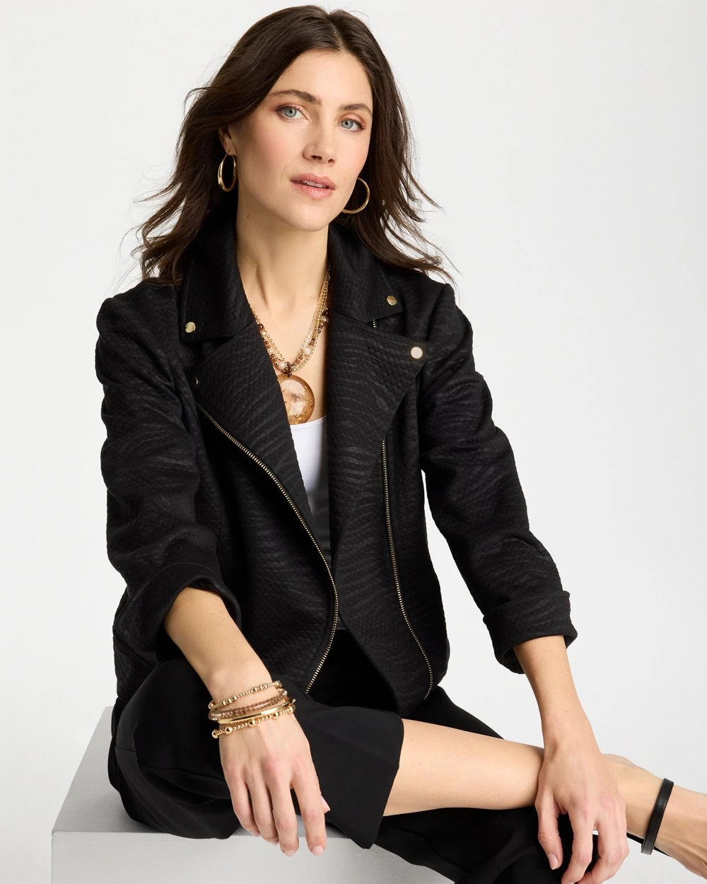 Chico's Discount Black Embossed Knit Moto Jacket