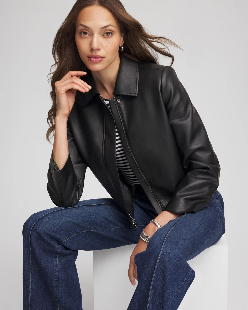 Chico's Sale Black Faux Leather Zip-Front Jacket