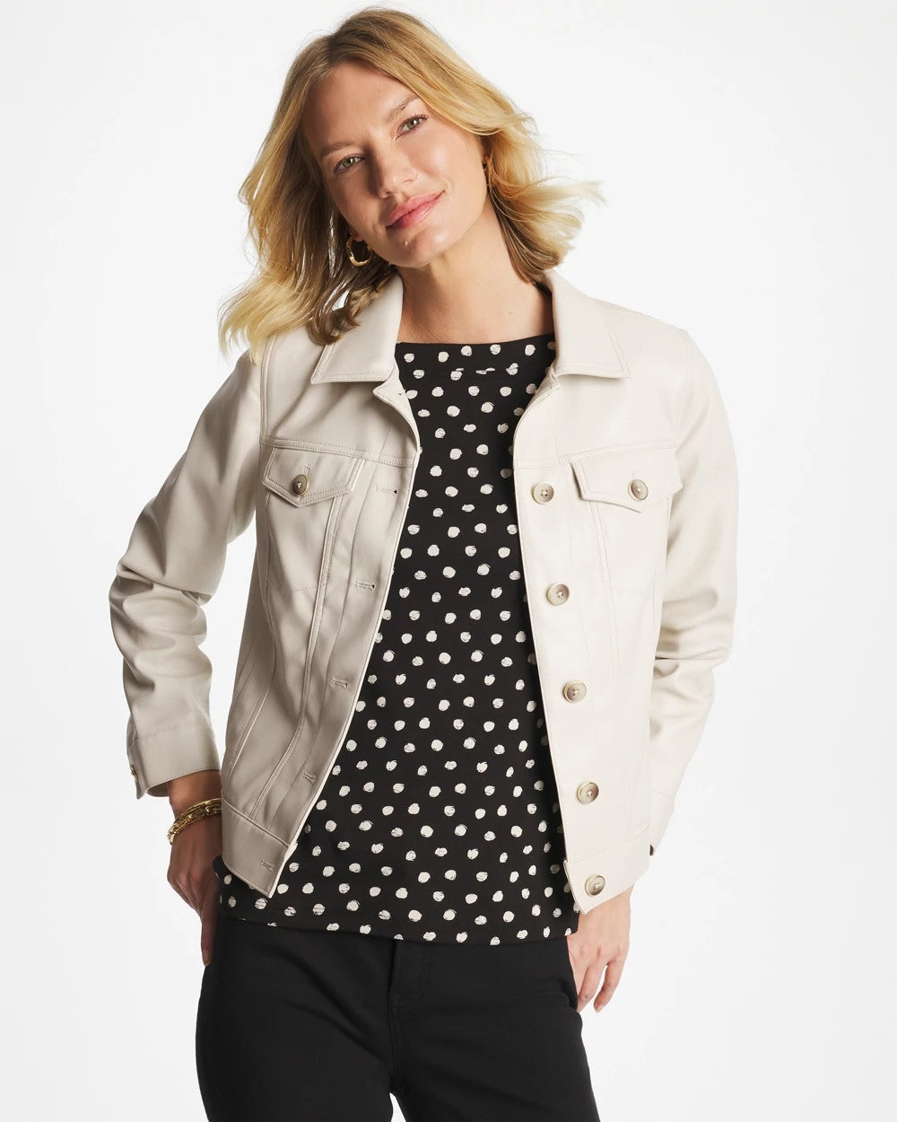 Chico's Outlet White Truffle Faux Leather Trucker Jacket