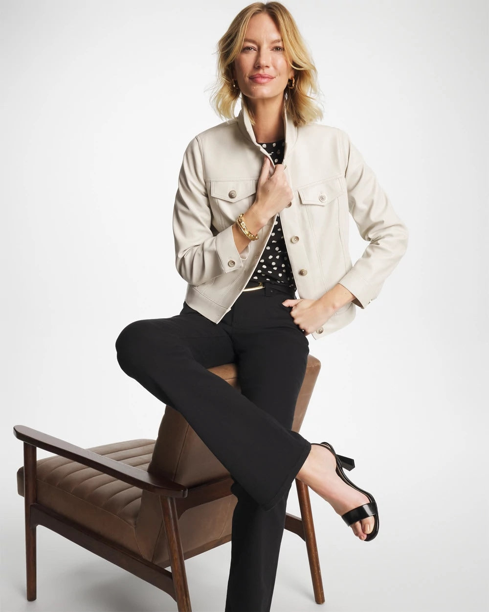 Chico's Outlet White Truffle Faux Leather Trucker Jacket