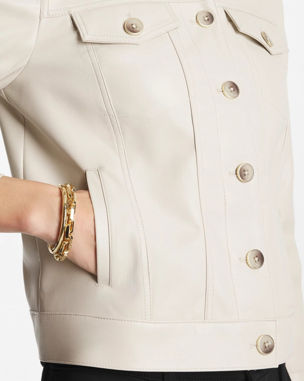 Chico's Outlet White Truffle Faux Leather Trucker Jacket