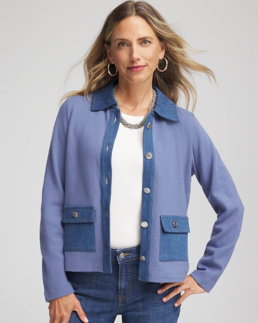 Chico's On Sale Blue Lotus Denim Colorblock Marl Shirt Jacket