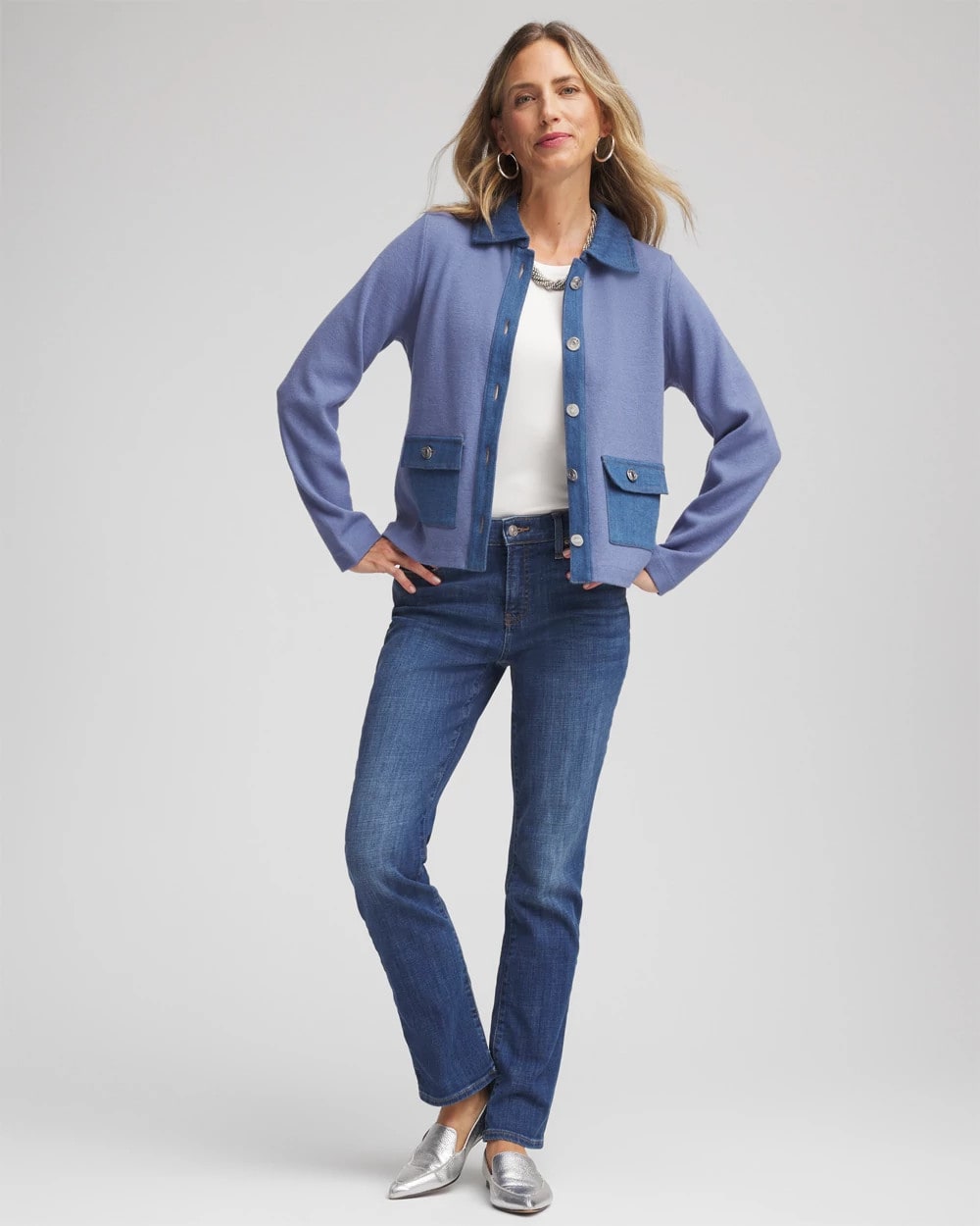 Chico's On Sale Blue Lotus Denim Colorblock Marl Shirt Jacket