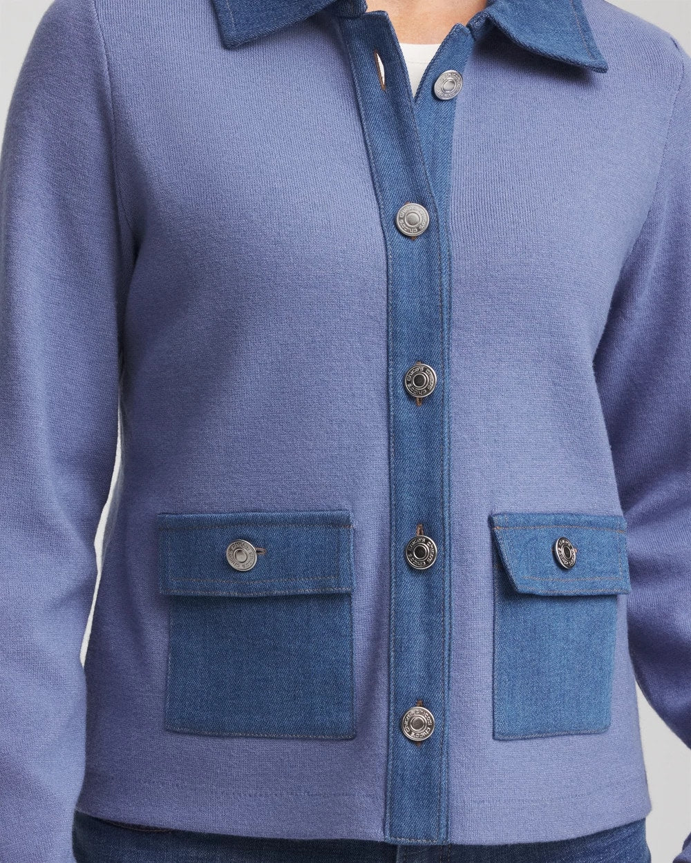 Chico's On Sale Blue Lotus Denim Colorblock Marl Shirt Jacket