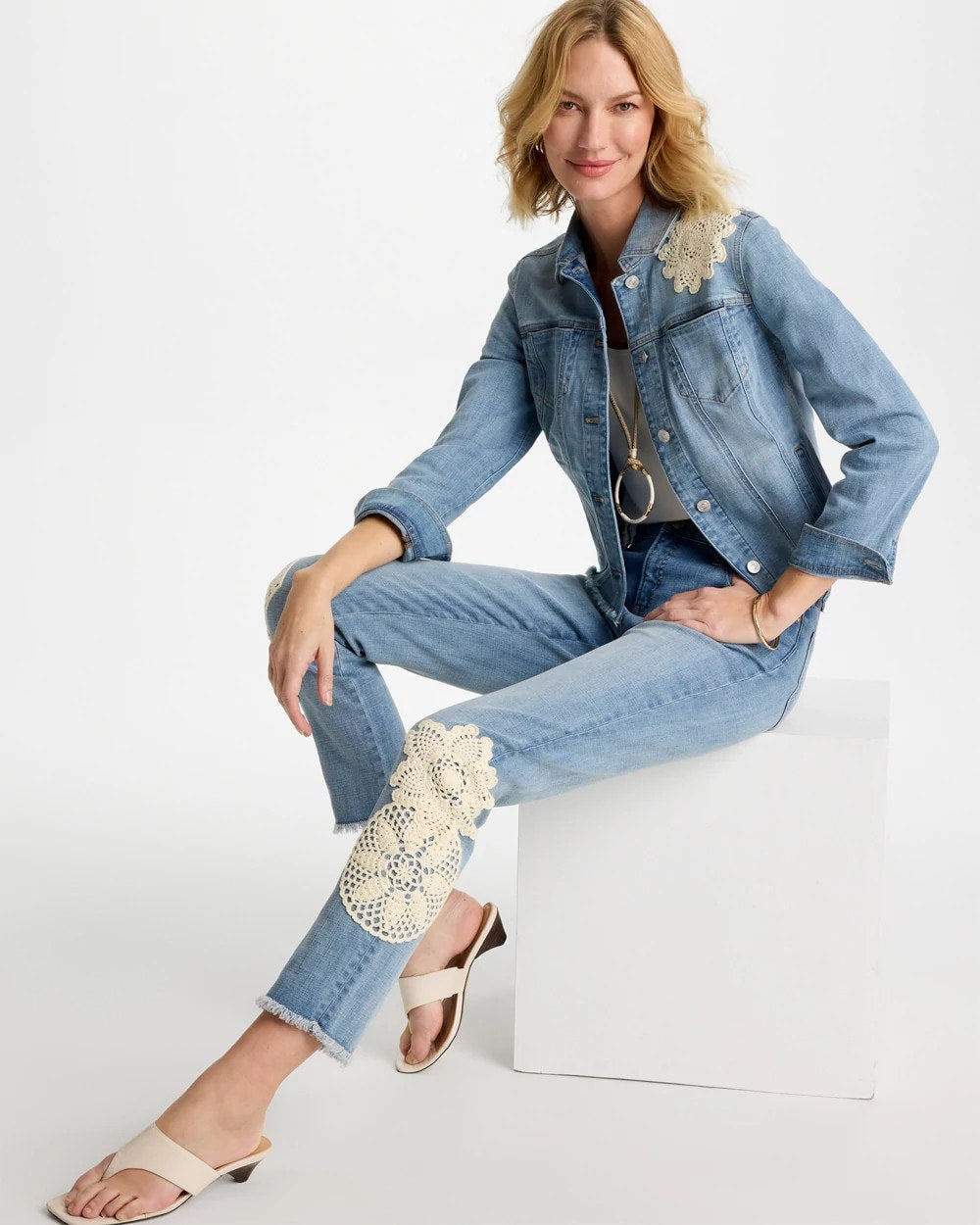 Chico's Online Coral Reef Indigo Embroidered Frayed Denim Trucker Jacket