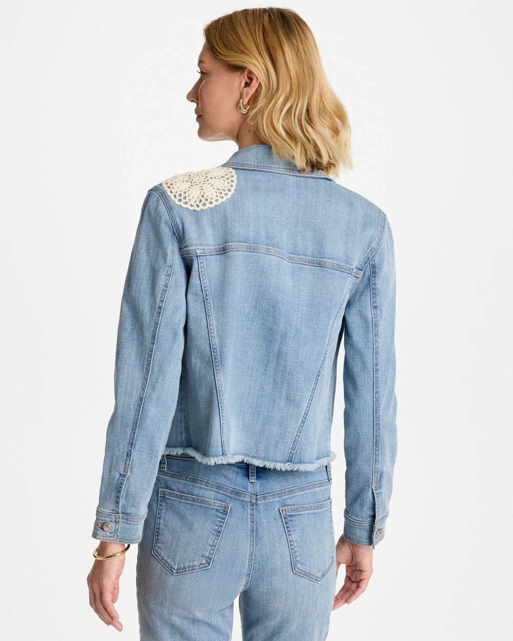 Chico's Online Coral Reef Indigo Embroidered Frayed Denim Trucker Jacket
