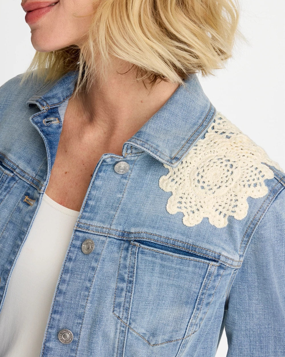 Chico's Online Coral Reef Indigo Embroidered Frayed Denim Trucker Jacket