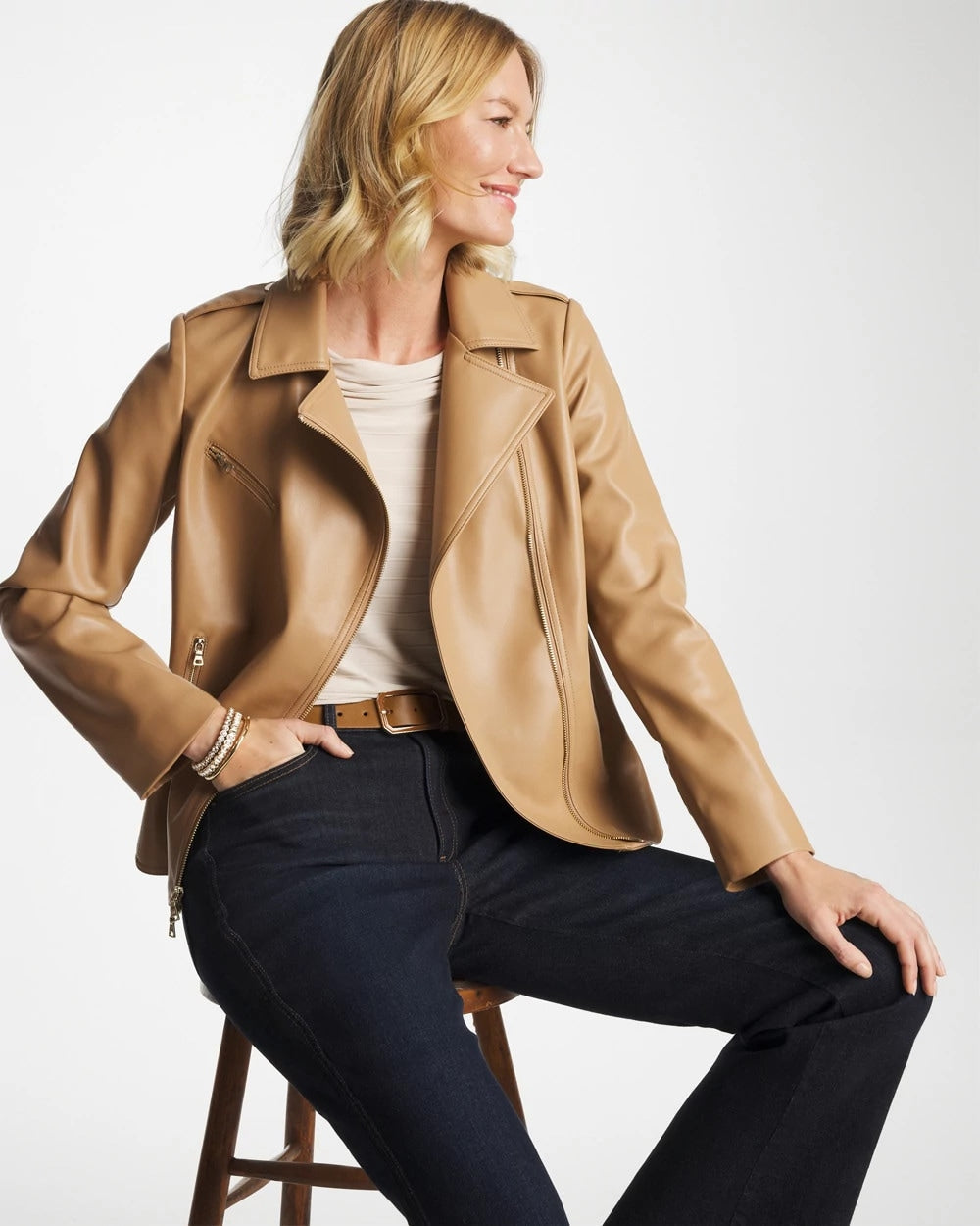 Chico's Outlet Creme Coffee Faux Leather Moto Jacket